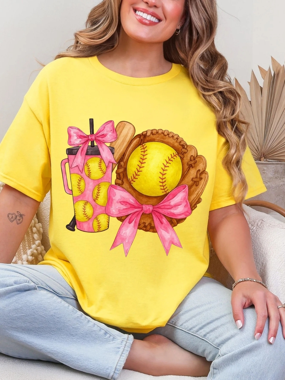Gildan Yellow Short Sleeve Tee with Pink Bow Softball Graphic